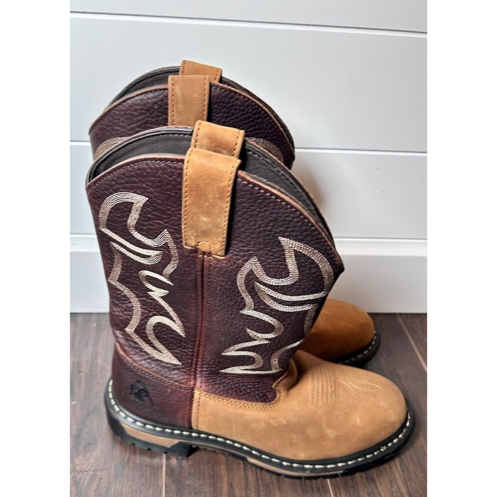 Rocky 2732 Branson CzyHrse  9.5 W Western Boots Brown Tan Leather Stitching Work